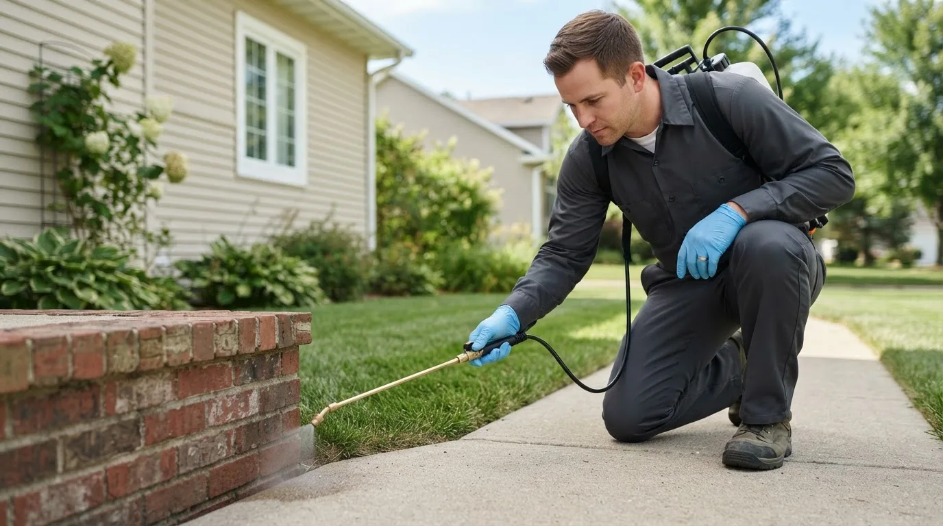 Pest control technician treating a home near Riverside, UT